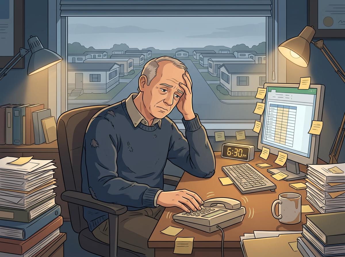 Business owner at cluttered desk, overwhelmed